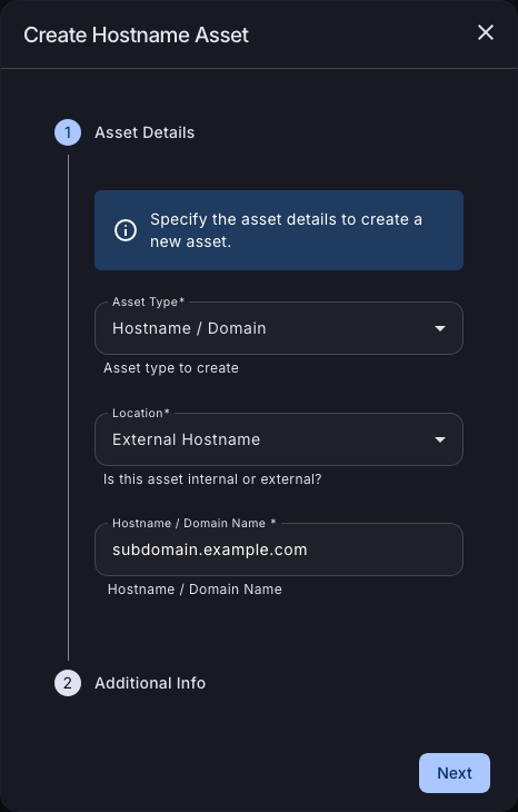 Creating an asset in Attack Surface Center