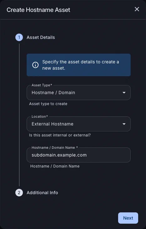 Creating an asset in Attack Surface Center
