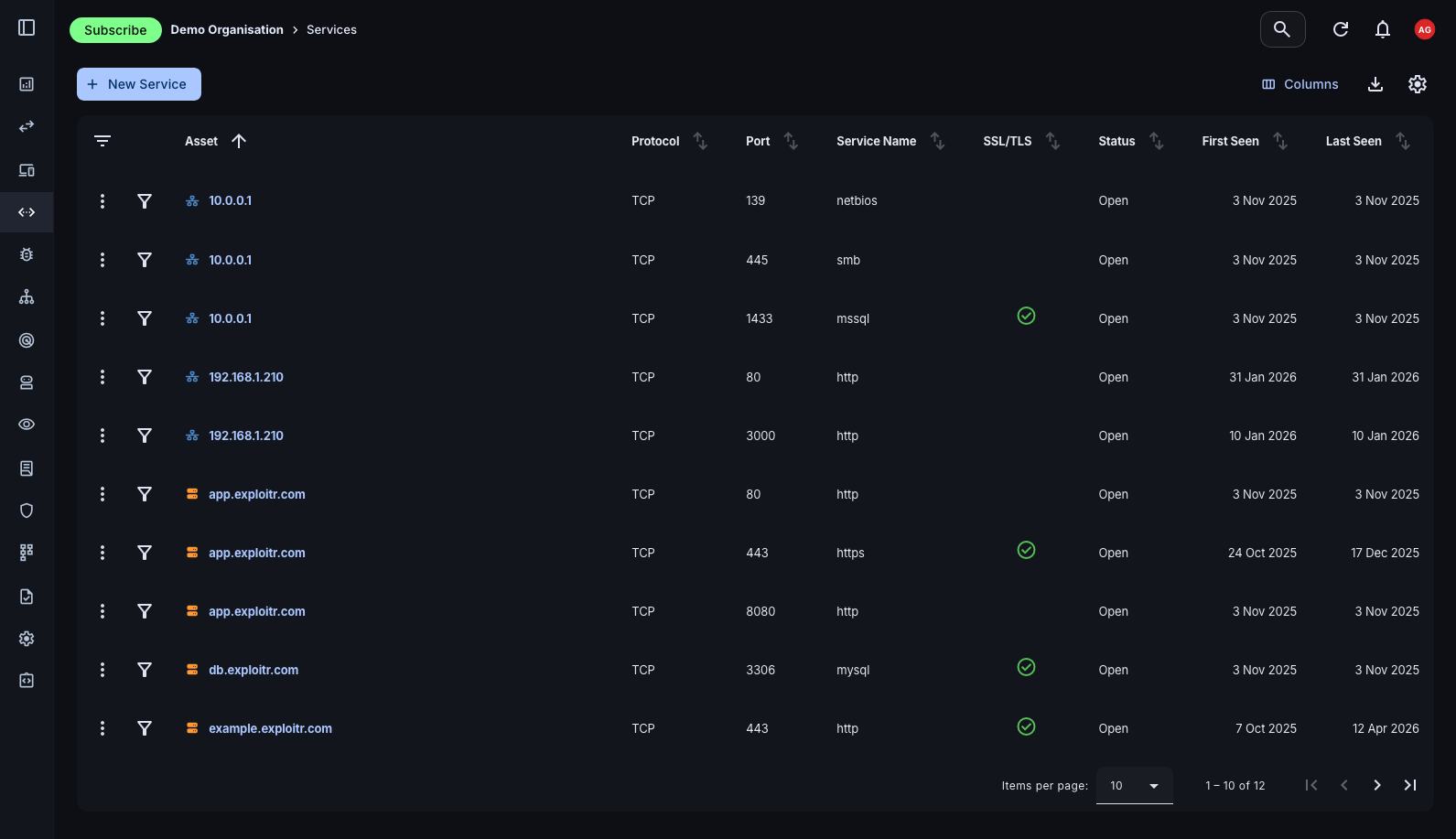 Asset services list view