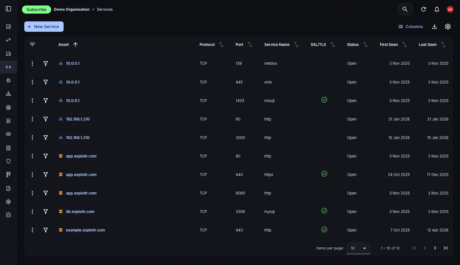 Asset services list view