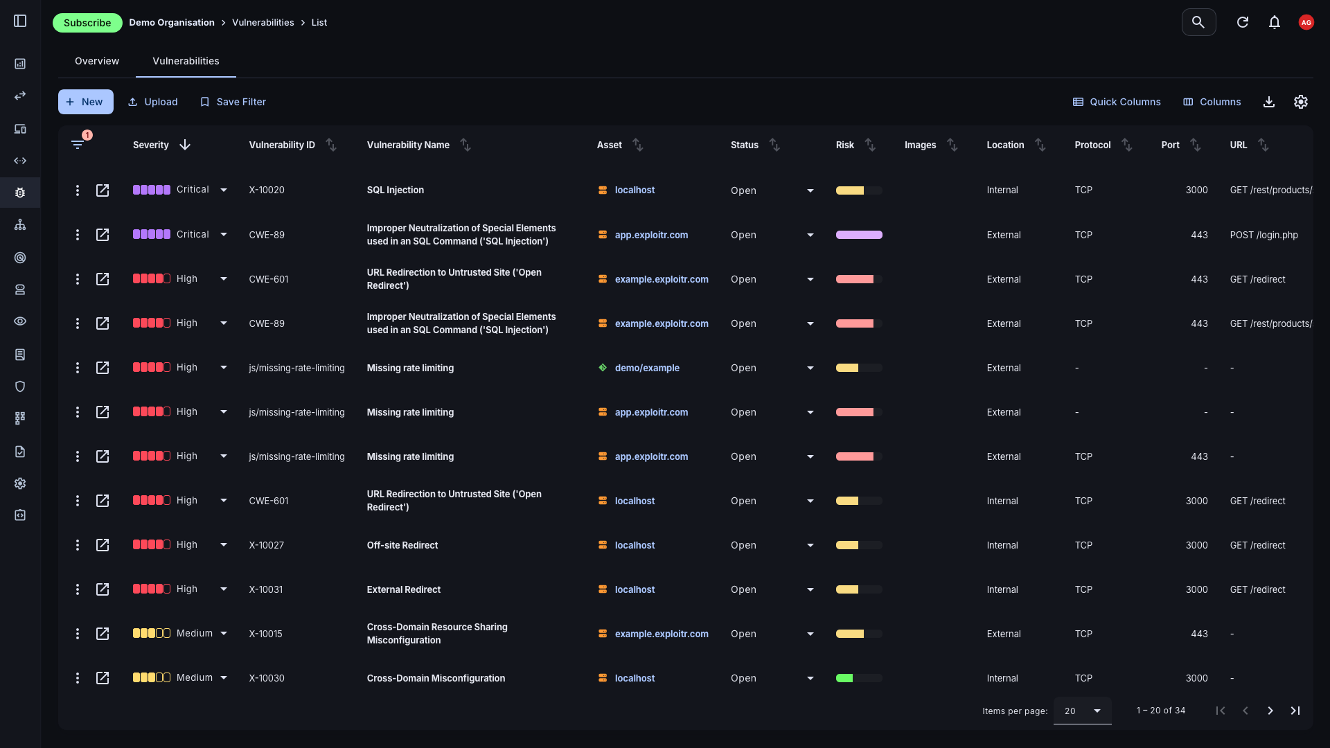 Vulnerability management list view