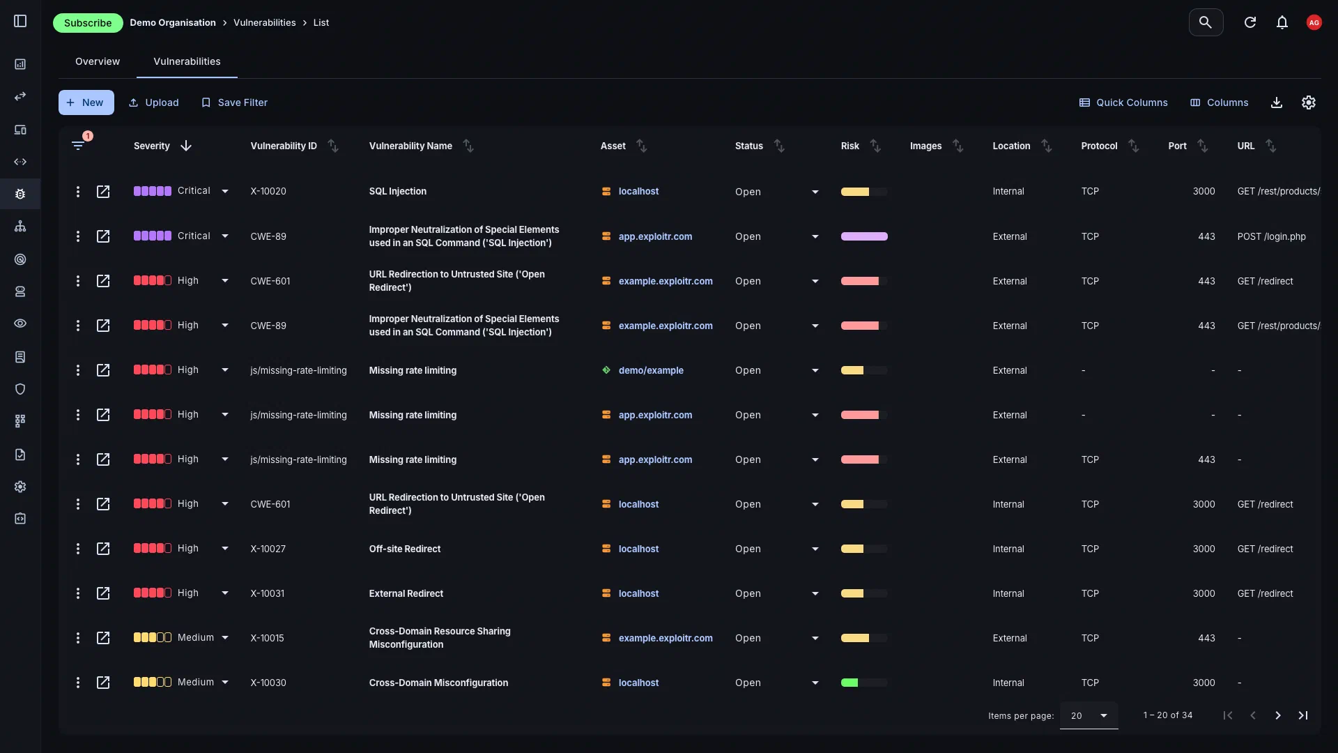 Vulnerability management list view