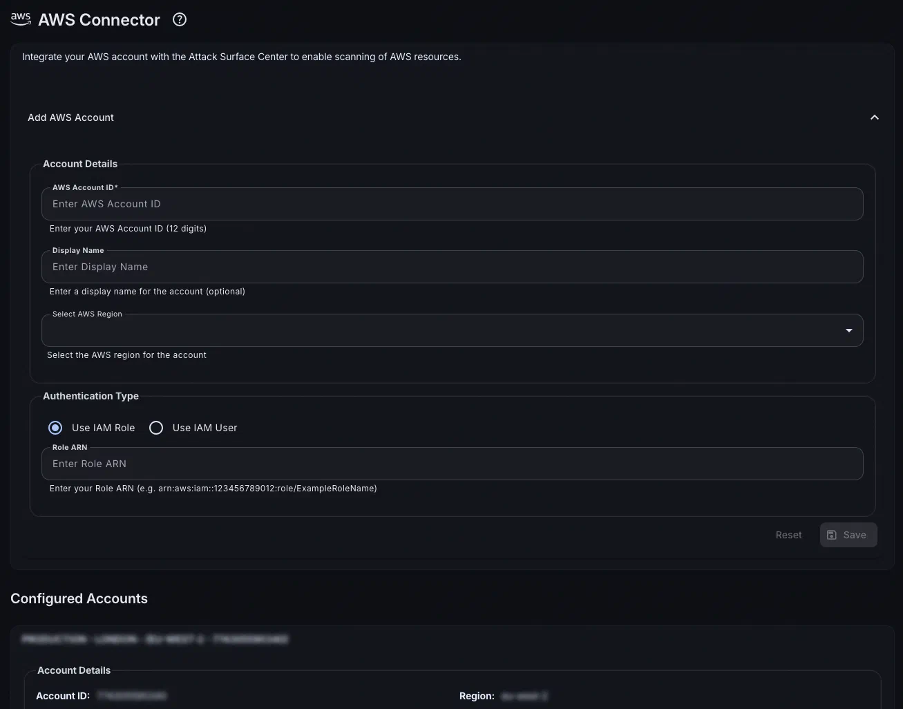 AWS integration configuration in Attack Surface Center