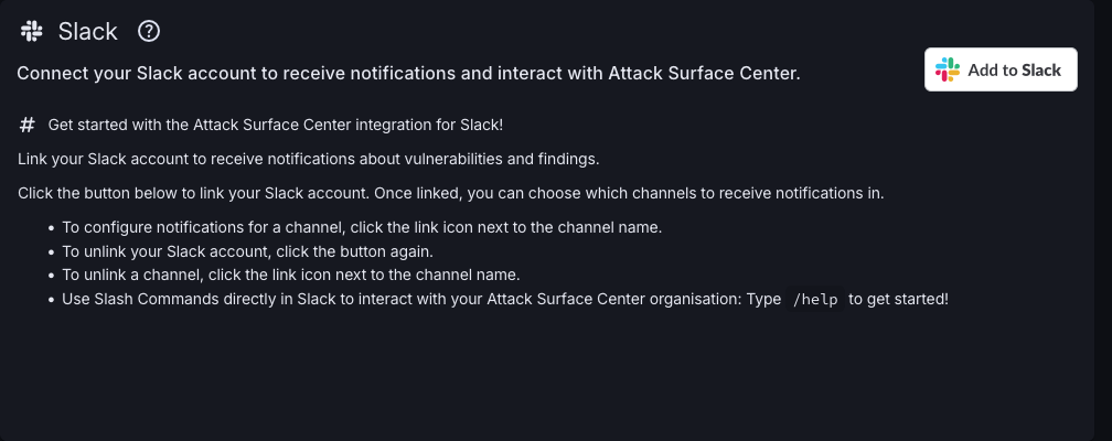 Slack app commands for Attack Surface Center