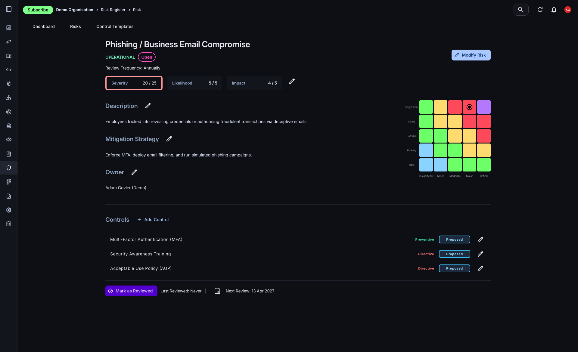 Risk record detail view