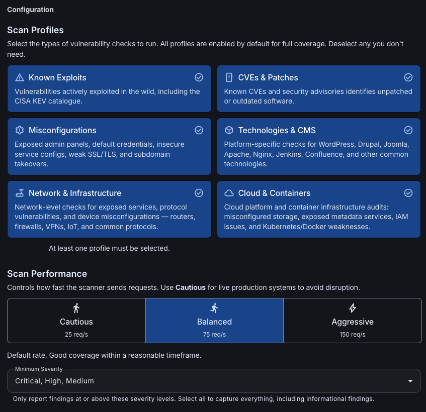 Network vulnerability scan configuration with scan profiles