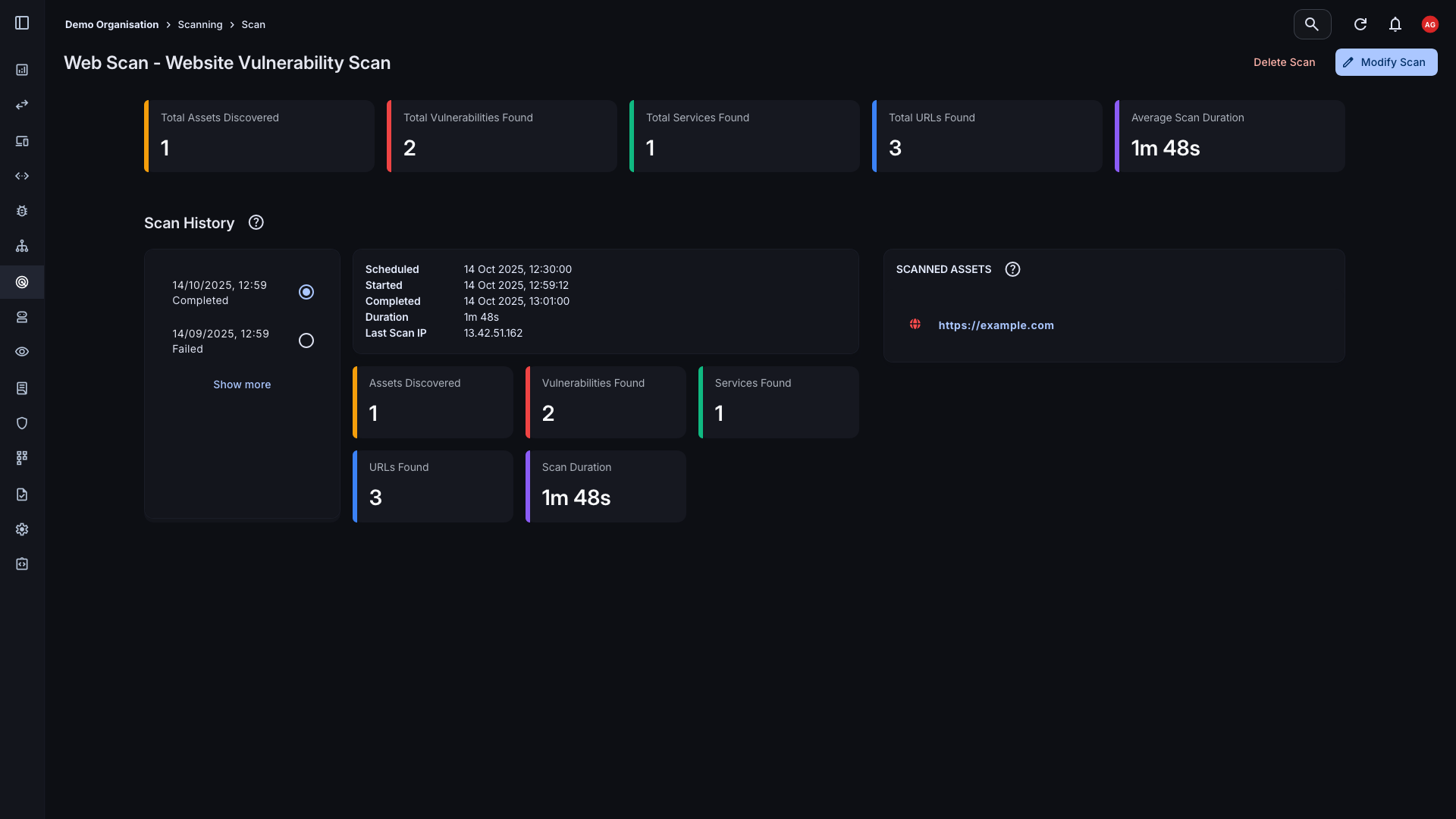 Vulnerability scanning history and results page