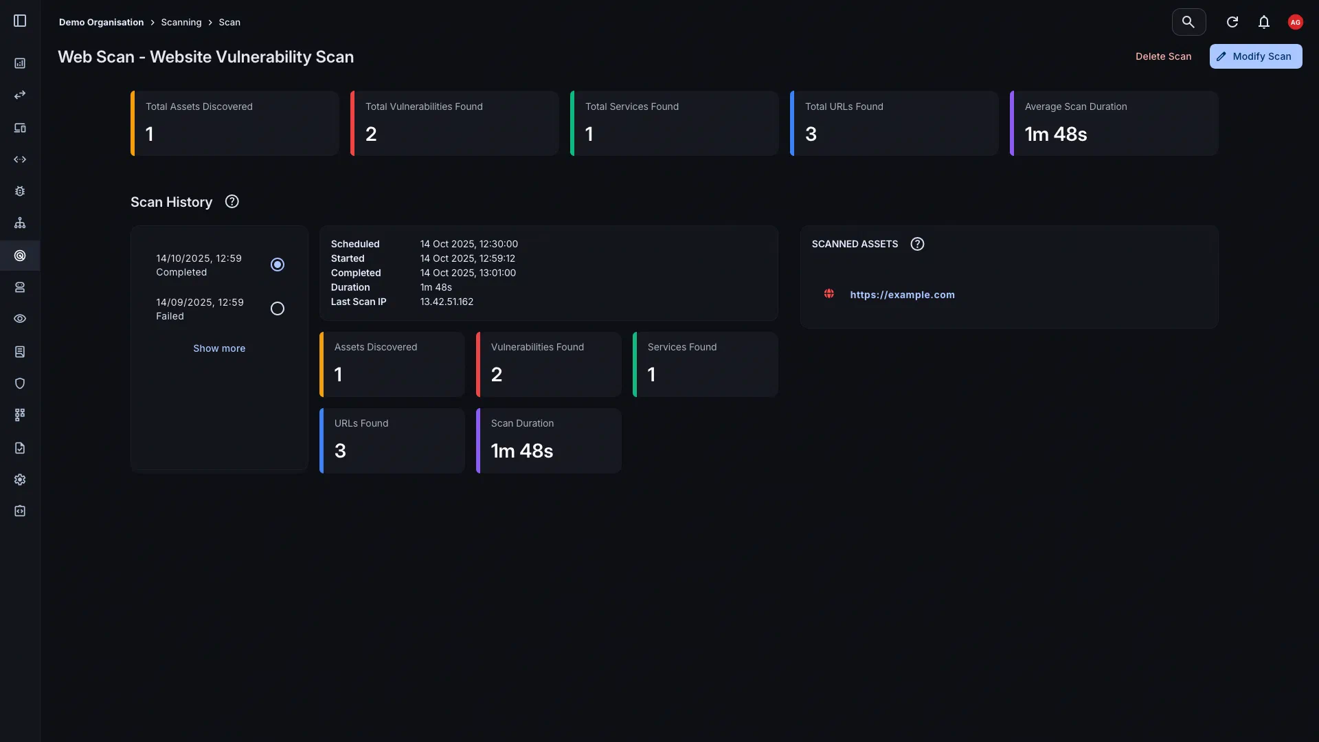 Vulnerability scanning history and results page