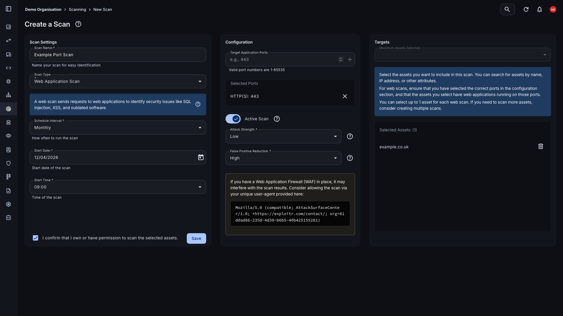 Web application scan configuration