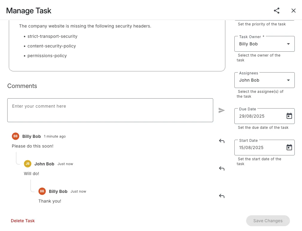 Task Management comments and replies