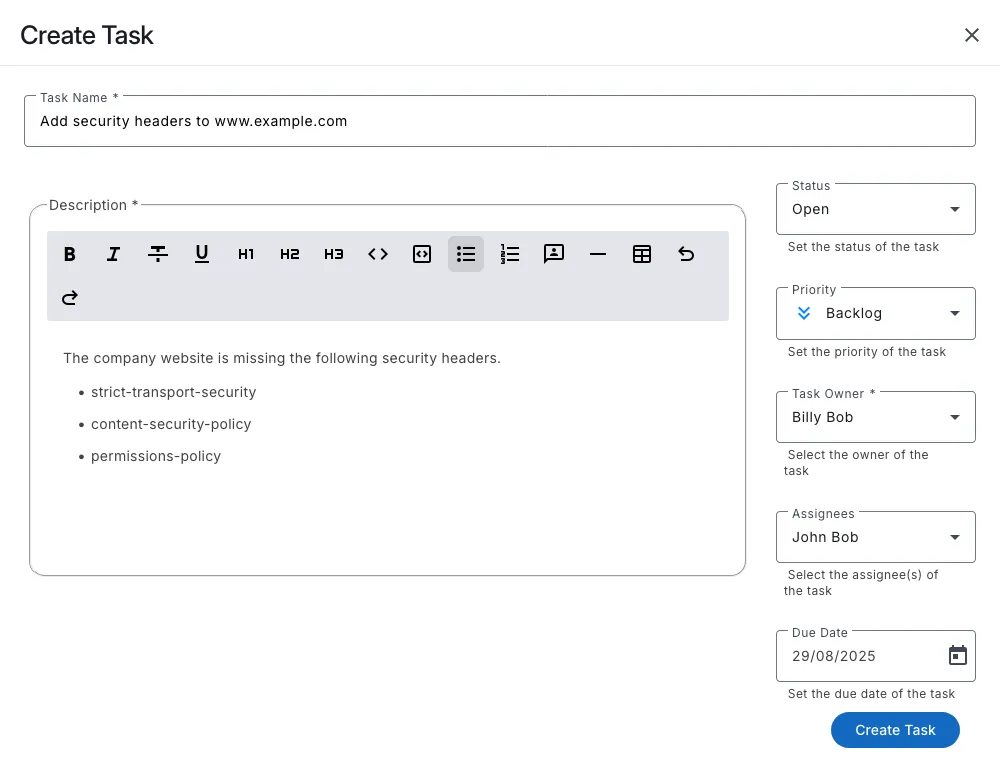 Creating a task within the Attack Surface Center